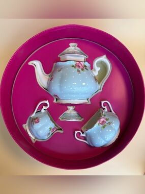 Royal Albert Polka Blue Vintage Teapot with Creamer and Sugar Bowl